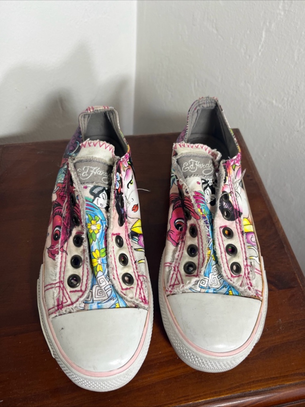 Ed Hardy Pink, Blue and Yellow Floral Slip-On Sneakers Size 5.5